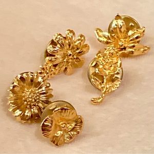 Flower Lapel Pins Set of 5 Gold Tone Rose Sunflower Hibiscus Zinnia Lily NWOT